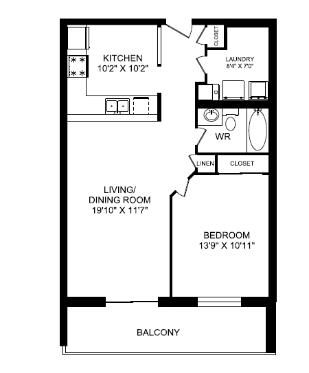 Floor plan for 1 bed, 1 bath, 767 sqft